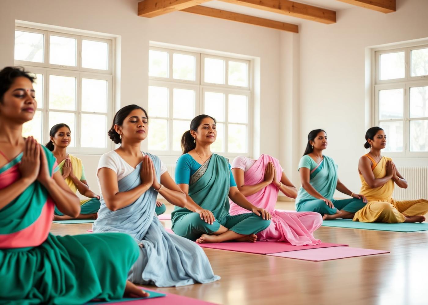 Group of women practising yoga together