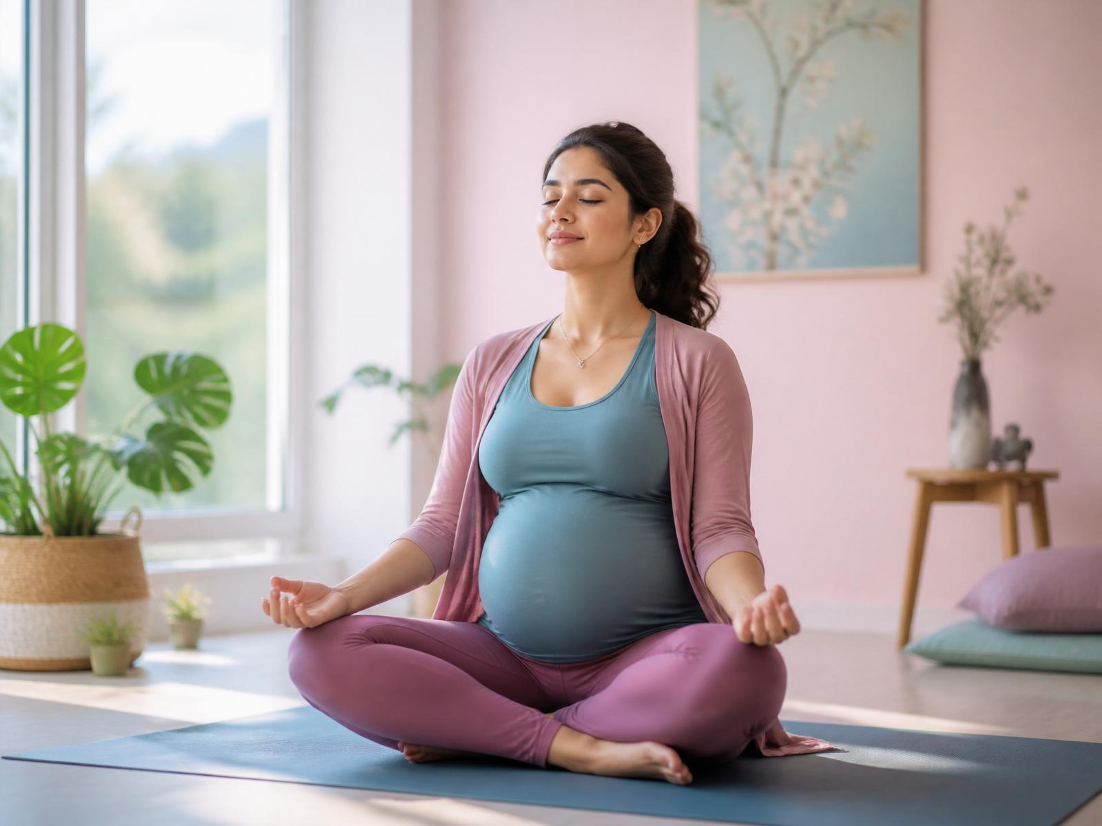 Woman practicing gentle fertility yoga in a calm bright studio
